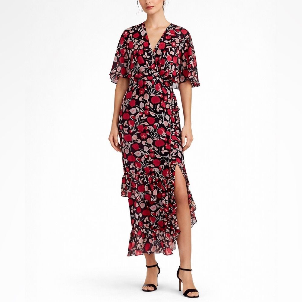 Saloni Rose Silk Wrap Dress 4 Black Floral Flutter Sleeve Wedding Guest Style